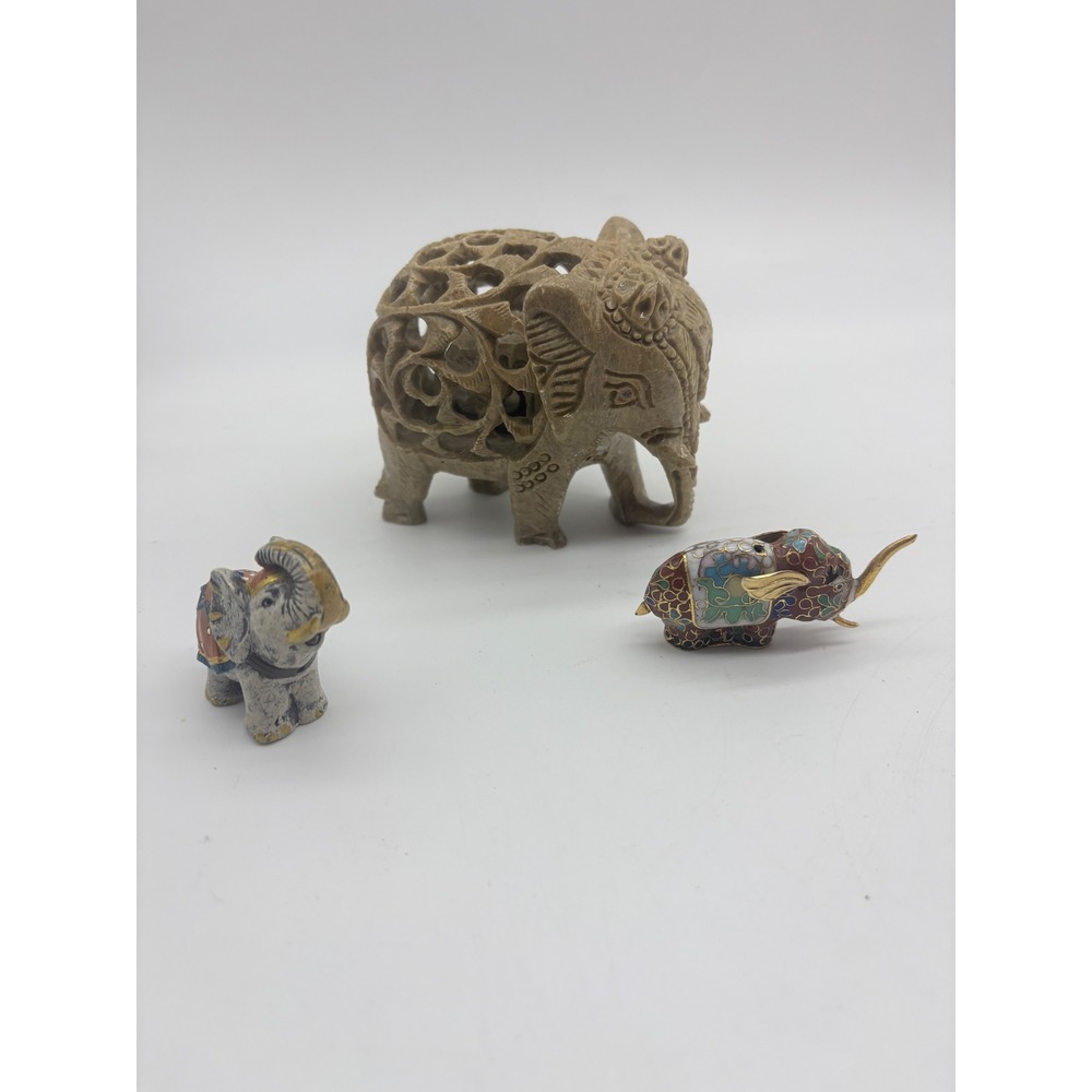 Vintage Elephant Figurine Set Soapstone Jali Cloisonné Enamel‎ Hand Painted 3pc